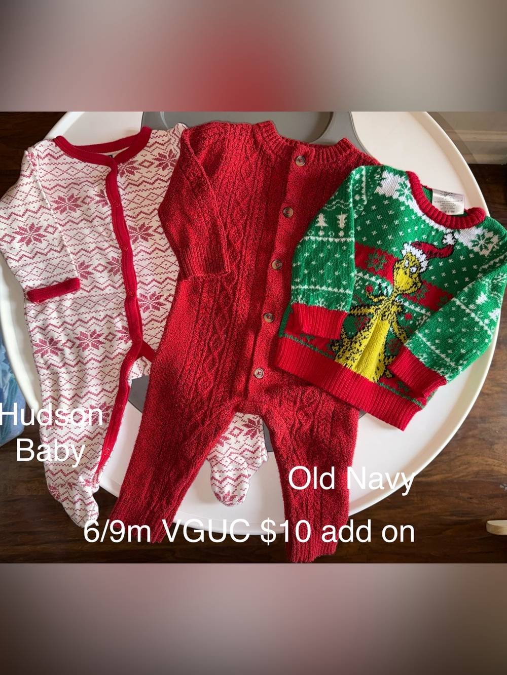 Old Navy Red Cable-Knit Romper with Green Holiday Grinch Sweater, Footed Sleeper